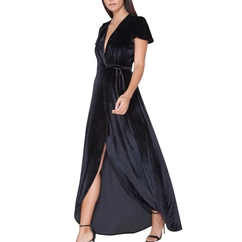 Hale Bob Velvet Wrap Maxi Dress‎ Black Short Sleeve Stretch S Silky Glam Formal